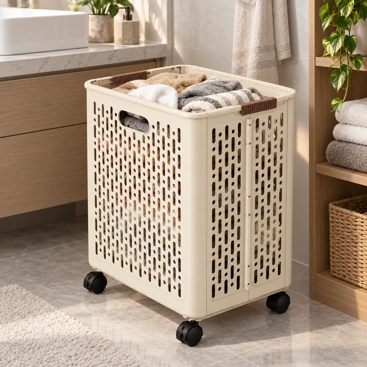 🤍 Rolling Laundry Basket | Ventilated Storage | Easy-Move Design
