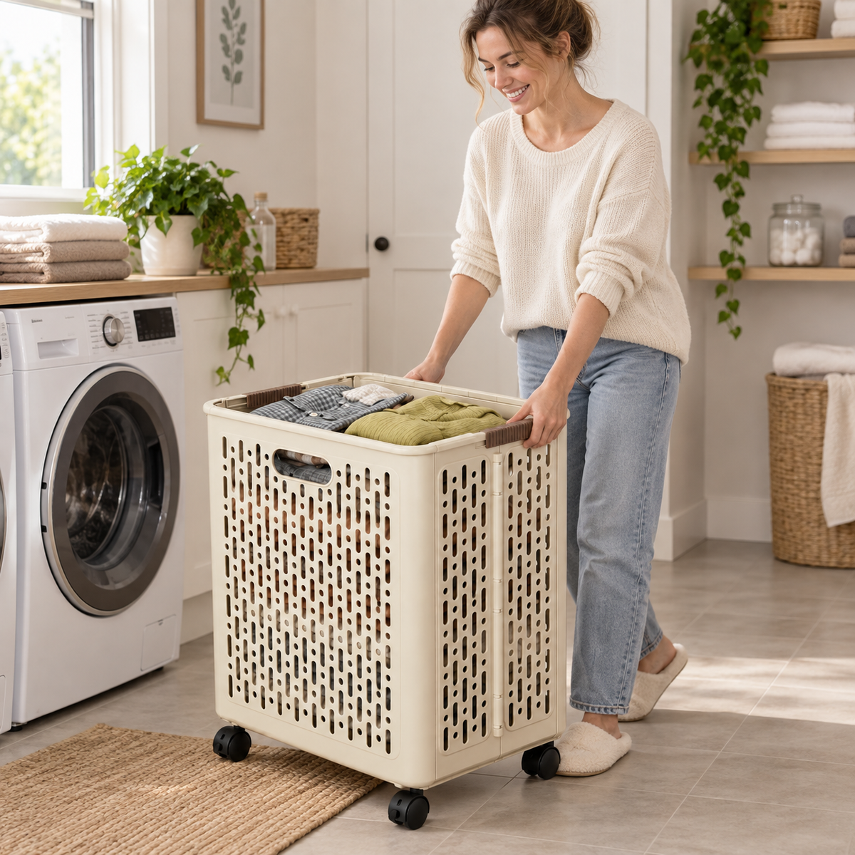 🤍 Rolling Laundry Basket | Ventilated Storage | Easy-Move Design